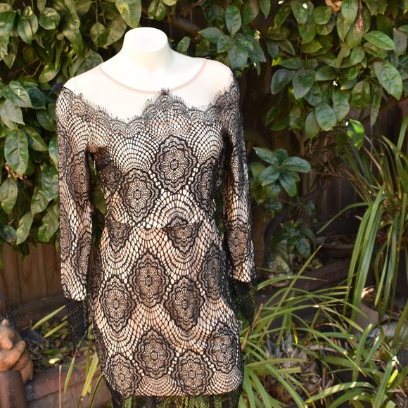 VINTAGE SNIDEL BODYCON JAPANESE LACE OVER NUDE SZ SM DRESS - Picture 2 of 8